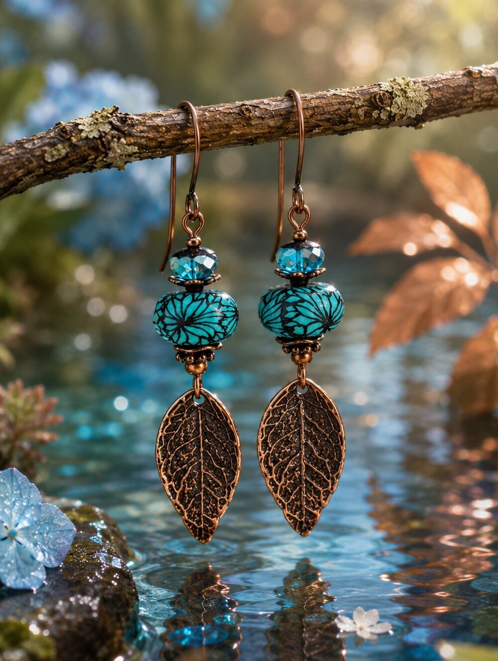 Copper Leaf Earrings Turquoise Czech Glass Botanical Jewelry Hand Crafted